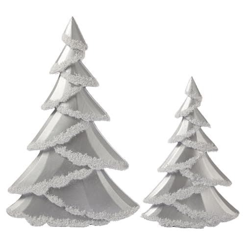 RM ROOMERS Christmas Tree Figurines Decor Wooden, Set of 2 Silver Christmas Trees Tabletop, Sparkling Glittered Xmas Tree Statues - Decorative Centerpieces for Desk, Mantel, Entryway, Home Decor