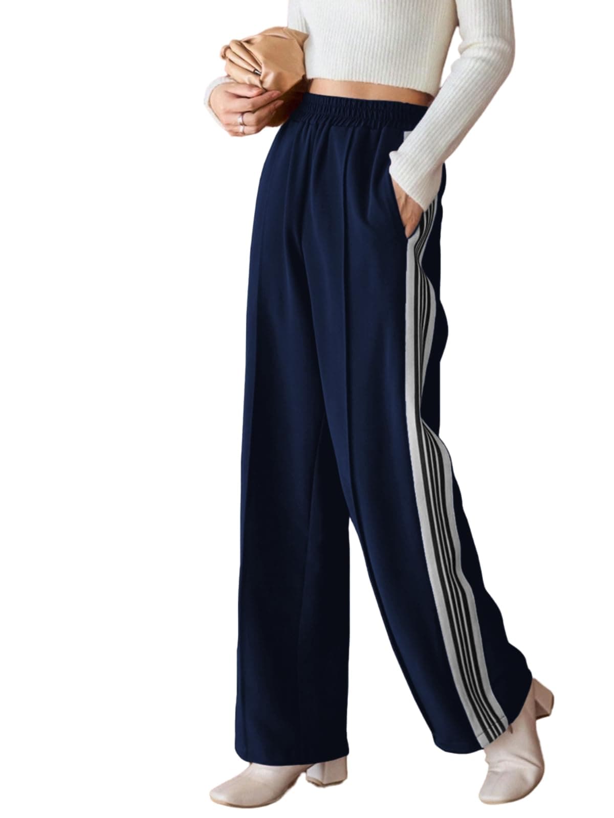 GRECIILOOKS Women's Relaxed Fit High Rise High-Waist Korean Style Trousers | Elegant Pants | Stylish Formal & Casual Wear Blue
