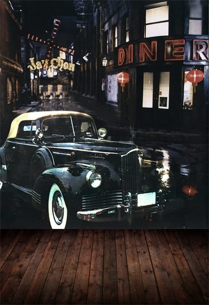 AOFOTO 5x7ft Vintage Street Corner Background Retro Car Photography Backdrop Nostalgia Urban Buildings Boy Adult Lovers Girl Man Portrait City Nightscape Photo Studio Props Video Wallpaper