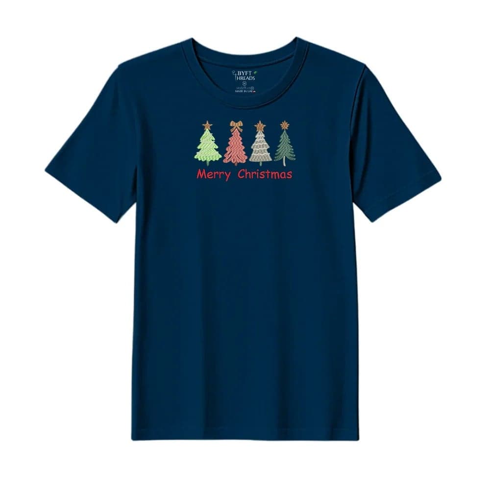 Threads Medium Navy Blue Polycotton T-Shirt - Christmas "Merry Christmas Trees (4 Styles)" Embroidered Design, Premium Holiday Collection