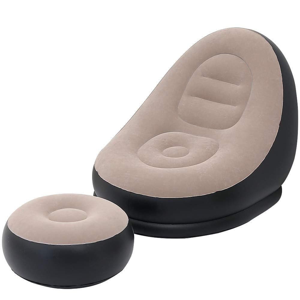 MENGDUO Inflatable Leisure Sofa Chair and Footstool Outdoor Folding Lounger Sofa Flocking Lazy Couch Khaki