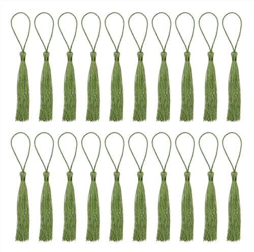 Tupalizy Mini Silky Handmade Soft Flossy Bookmark Tassels with Cord Loop for Keychain Earring Jewelry Making, Souvenir, Graduation, Clothing Sewing, Gift Tag DIY Craft Projects, 20PCS (Olive-Green)