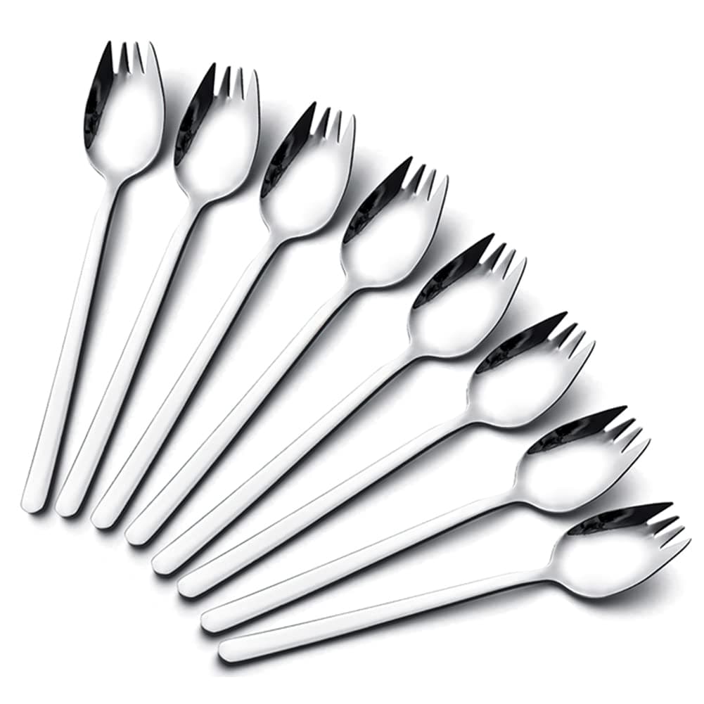 IQCWOOD Sporks Stainless Steel Salad Forks 8 Pack 1810 Stainless Steel Sporks 74 Inches Long Handle Dessert Spoons Ice Cream Spoons Fork Reusable Fruit Appetizer Dessert Forks for Household Use