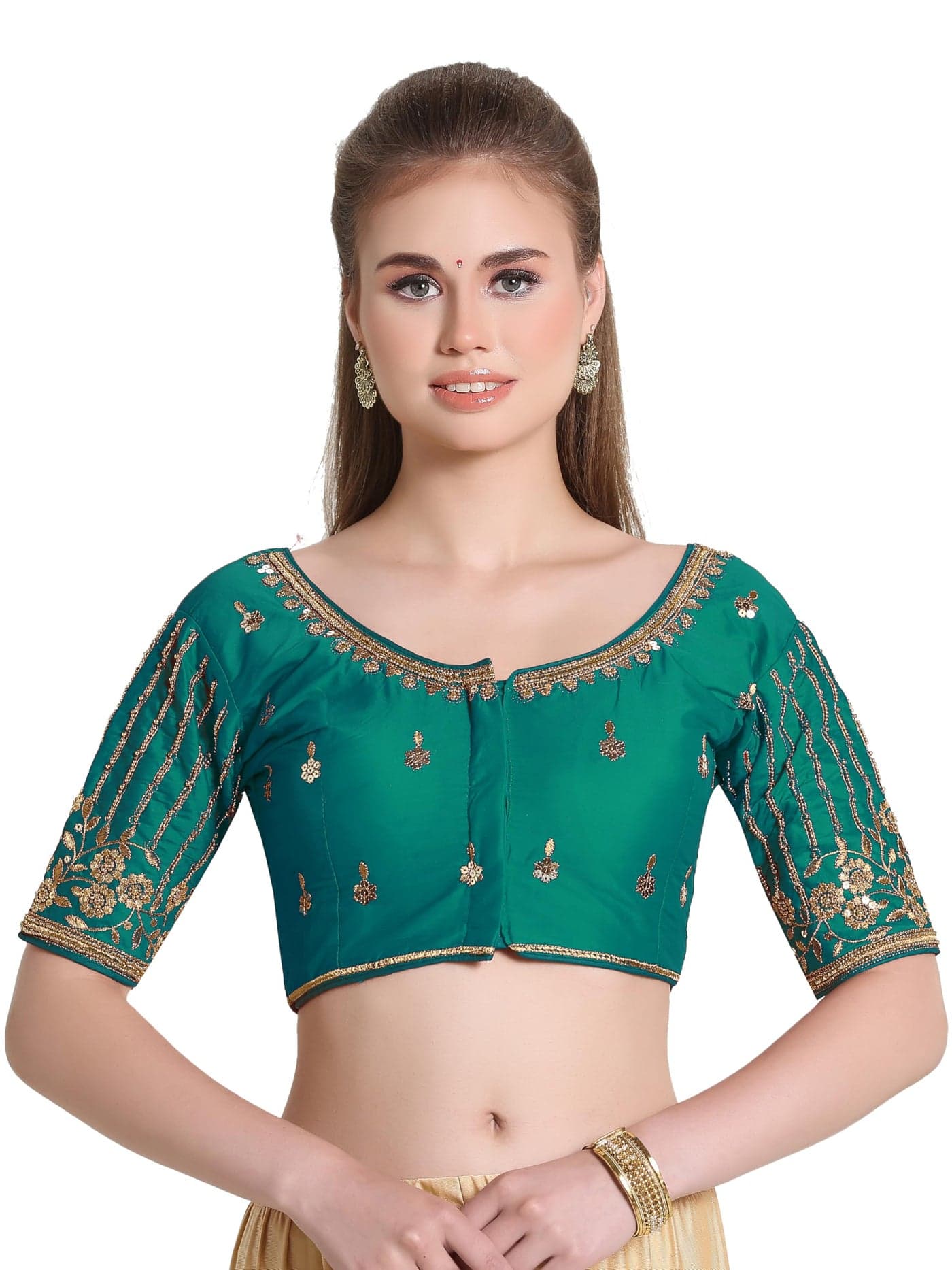 Pujia Mills Women's Readymade Bridal Embroidery Blouse Multi Coding maggam Work moti Work Indian Ethnic Designer Stitched Readymade Saree Half Sleeve Rama Blouse for Women for Saree Lehenga Choli