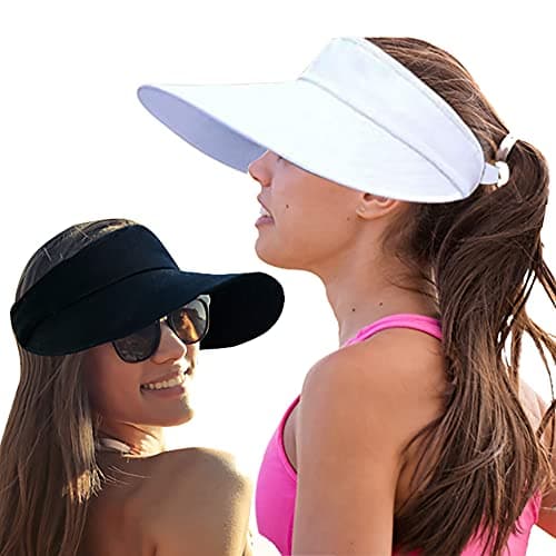 2PCS Wide Brim Sun Visor Hat Women Large UV Protective Golf Beach Cap, Design in Korea 1black+1white