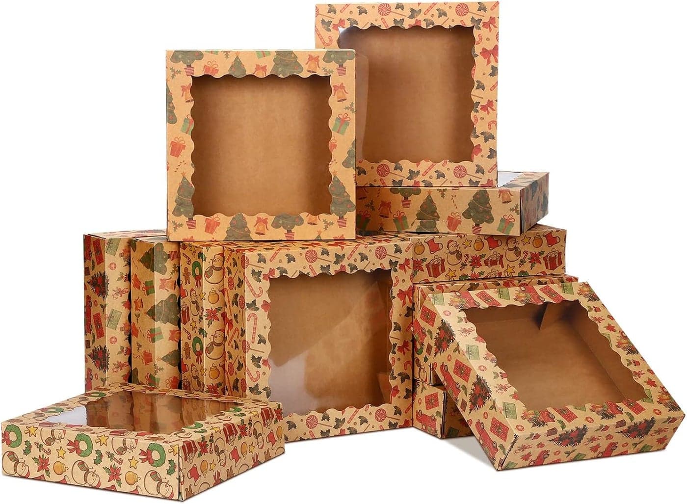 Spiareal 12 Pack Christmas Cookie Boxes Bulk Cookie Tins with Lids for Gifts Giving Bakery Boxes with Window Kraft Candy Package Xmas Treat Tins for Winter Holiday Party Favors10 x 10 x 25 Inch