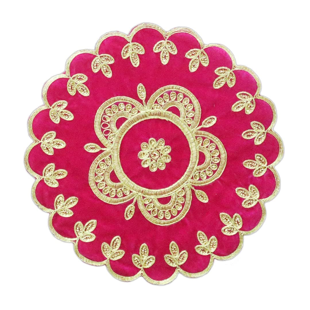 Shoppersduniya Pink Velvet Designer Aasan Pooja Cloth Mat Mandir Temple Home Office Base Chowki 46cm