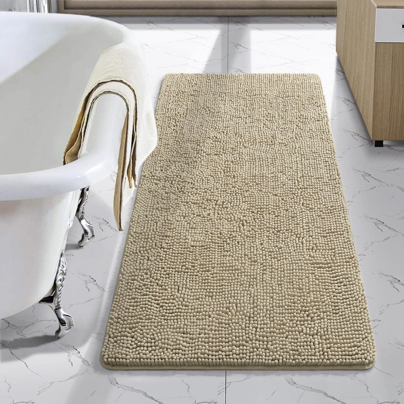 LOCHAS Luxury Bathroom Rug Shaggy Bath Mat 24 x 48 Inch Washable Non Slip Bath Rugs for Bathroom Shower Soft Plush Chenille Absorbent Carpets Mats Beige