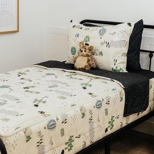 Beddy's Adventure & Wildlife Theme Durable Zipper Bedding for Kids-Bed in a Bag-Cream Comforter & Charcoal Sheets with Outdoor Explorer Design-Includes 2 Pillowcases & 2 Shams-Easy to Make & Wash-Full