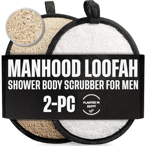 Loofah Body Scrubber for Men – Body Wash & Scrubbing Luffa, Rugged Yet Gentle Lufas for Smoother & Healthier Skin, Terry Cloth Pad for Manly Skin Care, Black & White Masculine Design Loufas Sponge
