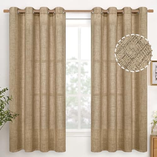 YoungsTex Burlap Linen Curtains 63 Inch Length 2 Panels for Bedroom, Toffee Tan Semi Sheer Drapes Textured with Bronze Grommet Light Filtering for Living Room Farmhouse, 52 X 63 Inch