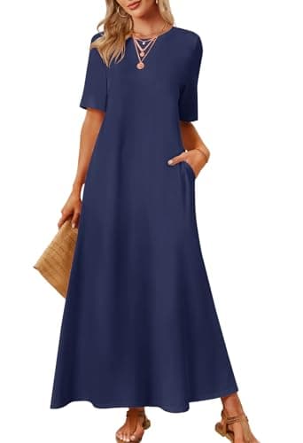MEROKEETY Women's 2025 Summer Maxi Dress Casual Short Sleeve Beach Vacation Crewneck Basic Long T Shirt Dresses, Navy, Medium