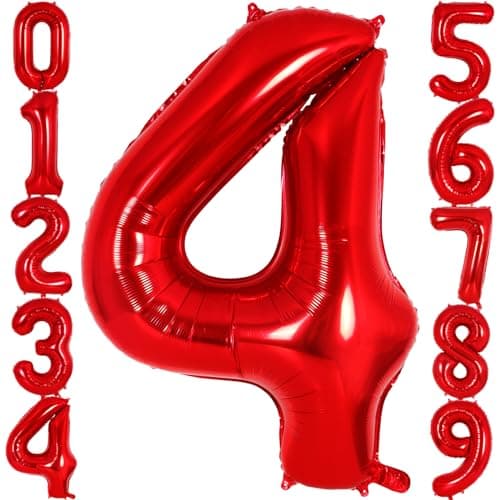 Red Number 4 Balloon 40 Inch Big Large Foil Helium Number Balloons Jumbo Giant Mylar Number 4 Balloons for 4 Year Old Birthday Red Party Decorations Supplies Anniversary