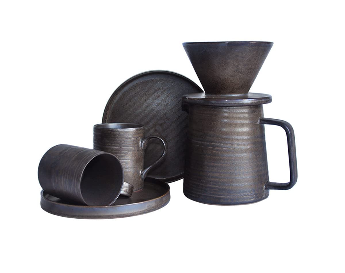 globe faith Handmade Stoneware Pour Over Drip Coffee Maker Cups Set Coffee Brewer Dripper Cone Filter Coffee Decanter Espresso Cups Saucers Gift Set Annular Veins Retro Metallic Glazed16oz