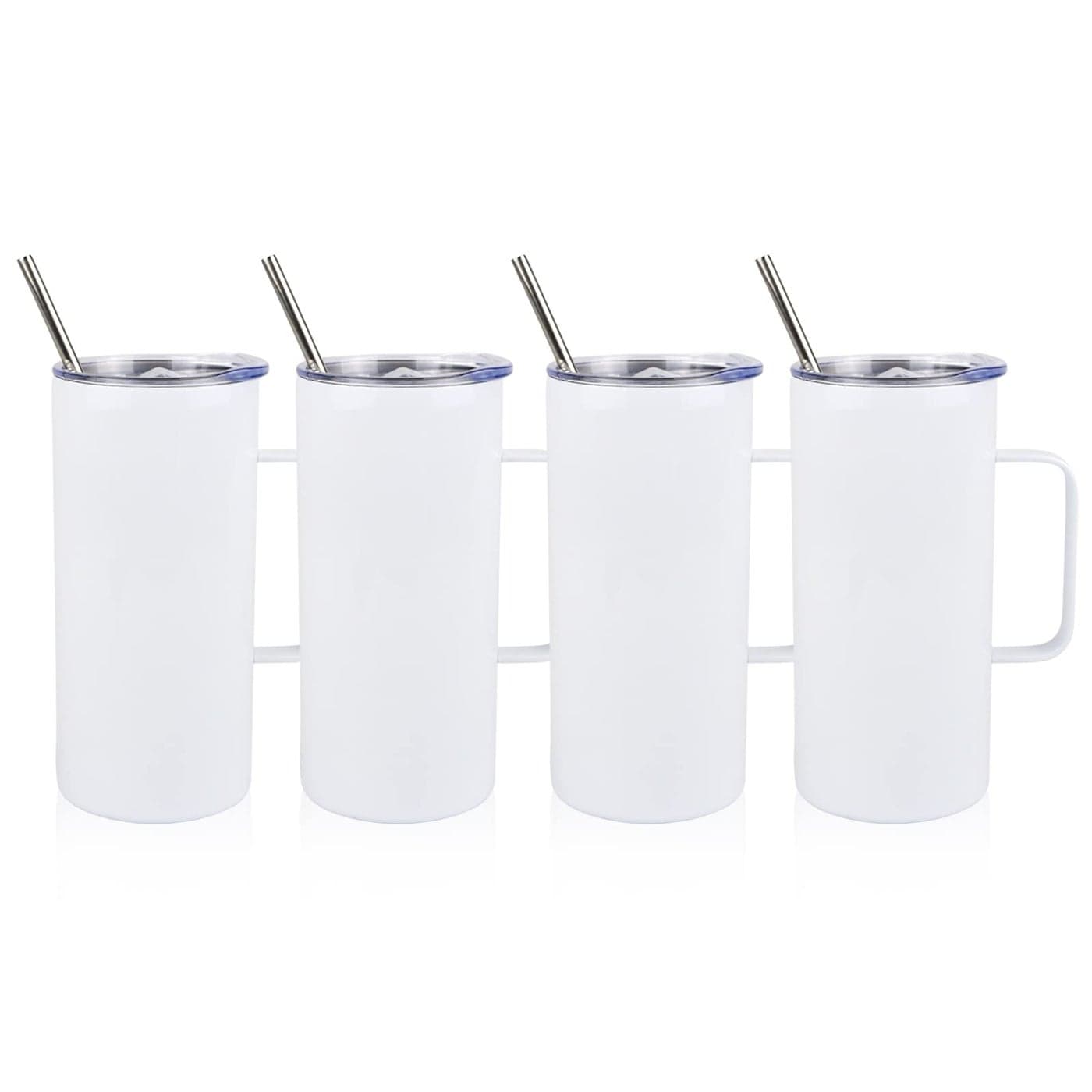 MAIKESUB 4 Pcs Sublimation Blank Skinny Tumbler 16 OZ White Mugs with Handle and Straw Double Wall Stainless Steel Coffee Travel Straight Mug with Sliding Lid