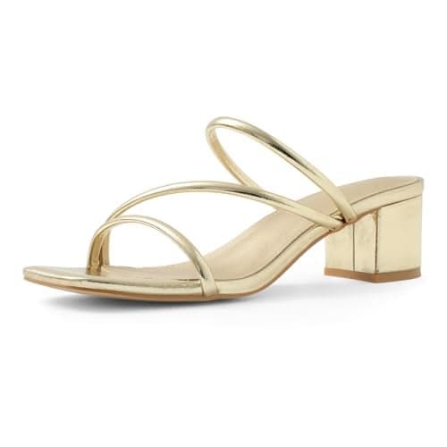 Shoe'N Tale Strappy Heels for Women Low Chunky Block Heel Heeled Sandals Square Open Toe Slip On Slides Mules(7,Gold)