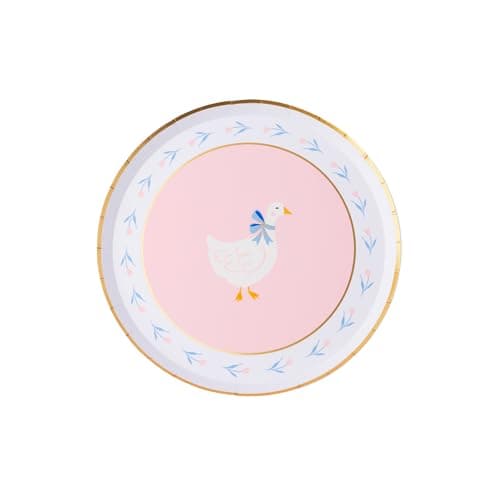 Bonjour Fête Sweet Goose Light Pink Easter Paper Party Small Plates | Premium Paper Party Supplies | Gold Foil| Easter Celebrations, Spring Parties, Baby Showers, & Kids Tablescapes | Pack of 8, 8" D
