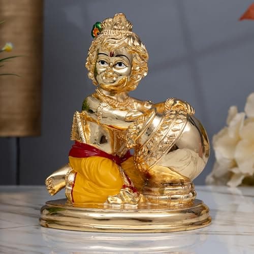 Idolkart Shri Krishna Pot Idol | Pure 24K Gold Coated Bal Gopal Murti - 6.5 Inch | Ladoo Gopal Sculpture for Pooja Room | Vastu Decor, Sri Kanha Ji Figurine, Makhan Chor Eating Statue, Religious