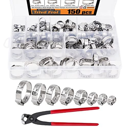 150Pcs 304 Stainless Steel Single Ear Hose Clamp with Ear Clamp Pincer, 6-23.5mm Crimp Hose Clamp Assortment Kit Cinch Rings Crimp Pinch Tools Perfect for Automotive, Home Appliance Line and Plumbing