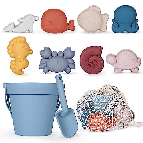 MarcZero 11Pcs Silicone Beach ToysModern Baby Beach ToysTravel Friendly Beach SetSilicone Bucket Shovel 8 Sand Molds Beach BagSilicone Sand Toys for Toddlers Kids Blue