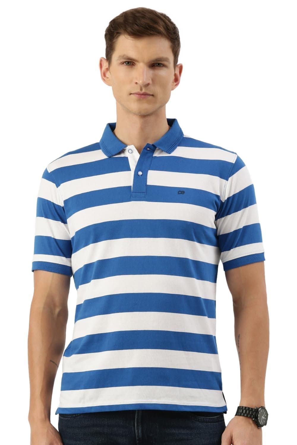 Peter England Men's Striper Polo T-Shirt Medium Blue