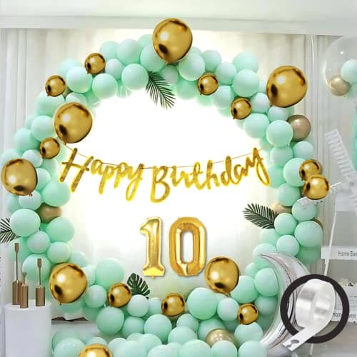 Flyloons 10th Green Gold Happy Birthday Decoration for Girls Kids Boys, Golden Glitter Happy Birthday Banner,Green Pastel Balloons,Golden Chrome Balloon,Arch Tape birthday decoration items for room