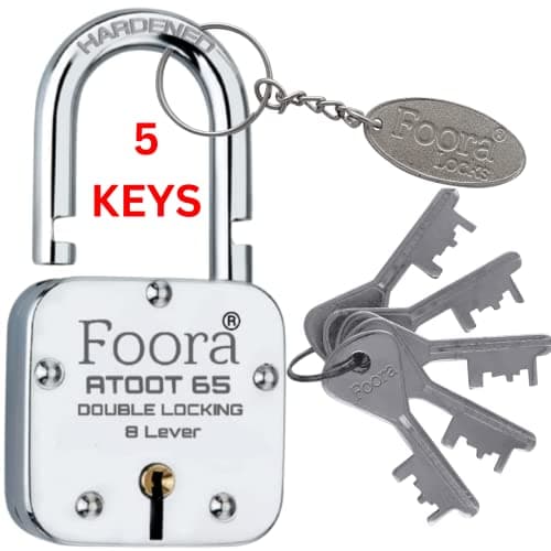 Foora Lock and Keys Door Lock for Home atoot 65mm Padlock with 5 Keys and Key Chain Double Locking 8 Lever gate, Shop Shutter Aligarh Locks