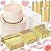 GATHER 700PCS Pink Plastic Plates Gold Rim Disposable Plastic Dinnerware Set Include 200 Pink Plates 300 Silverware 100 Napkins 100 Cups for Party Wedding Valentines Day
