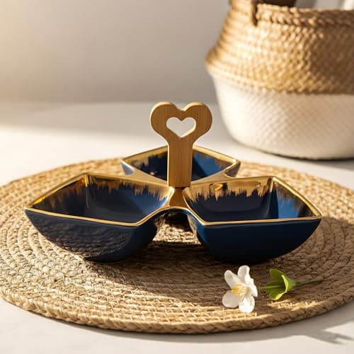 Lemon Tree Ceramic Tri-Part Platter with Bamboo Handle & Golden Rim Design – Serving Platter for Nuts, Chips, Snacks, Desserts, Fruits, Dips, Chutney (Blue)