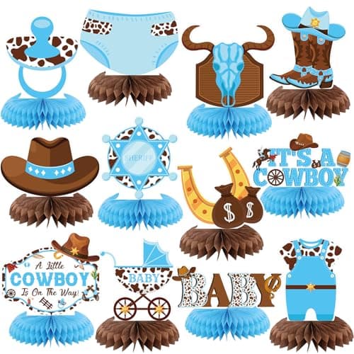 12 Pcs Cowboy Baby Shower Decorations a Little Cowboy Is on the Way Honeycomb Centerpieces Western Baby Shower Decorations Western Table Topper Table Decoration for Birthday Party Favors