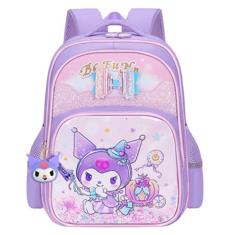 TLISMI Cute Kuromi Cartoon Design School Bag with Glitter Sequins & Shiny Bowknot, Kawaii Lightweight Spine Protective Water Resistant Large Capacity Princess Style Bookbag for Elementary School Girls