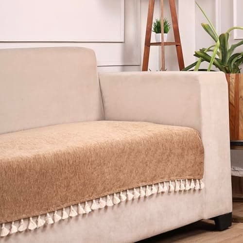 STITCHNEST Beige Chenille Sofa Cover 70x30 Inch – Soft, Durable & Textured Fabric with Tassels | Sofa for Living Room, Bedroom, or Drawing Room