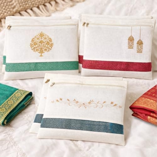 IVillage Travel Saree Bags Cotton - Set of 6 Washable Saree Covers India - Cotton Saree Cover with Zip & Transparent Window - Dust Proof Wardrobe Organizer