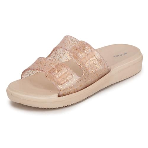 TRASE Women’s Fashion Slippers | Glitter Double Strap Slip-on | Women Flats Footwear | Soft Footbed Slippers For Daily And Casual Wear (Beige Golden, 8 Uk)