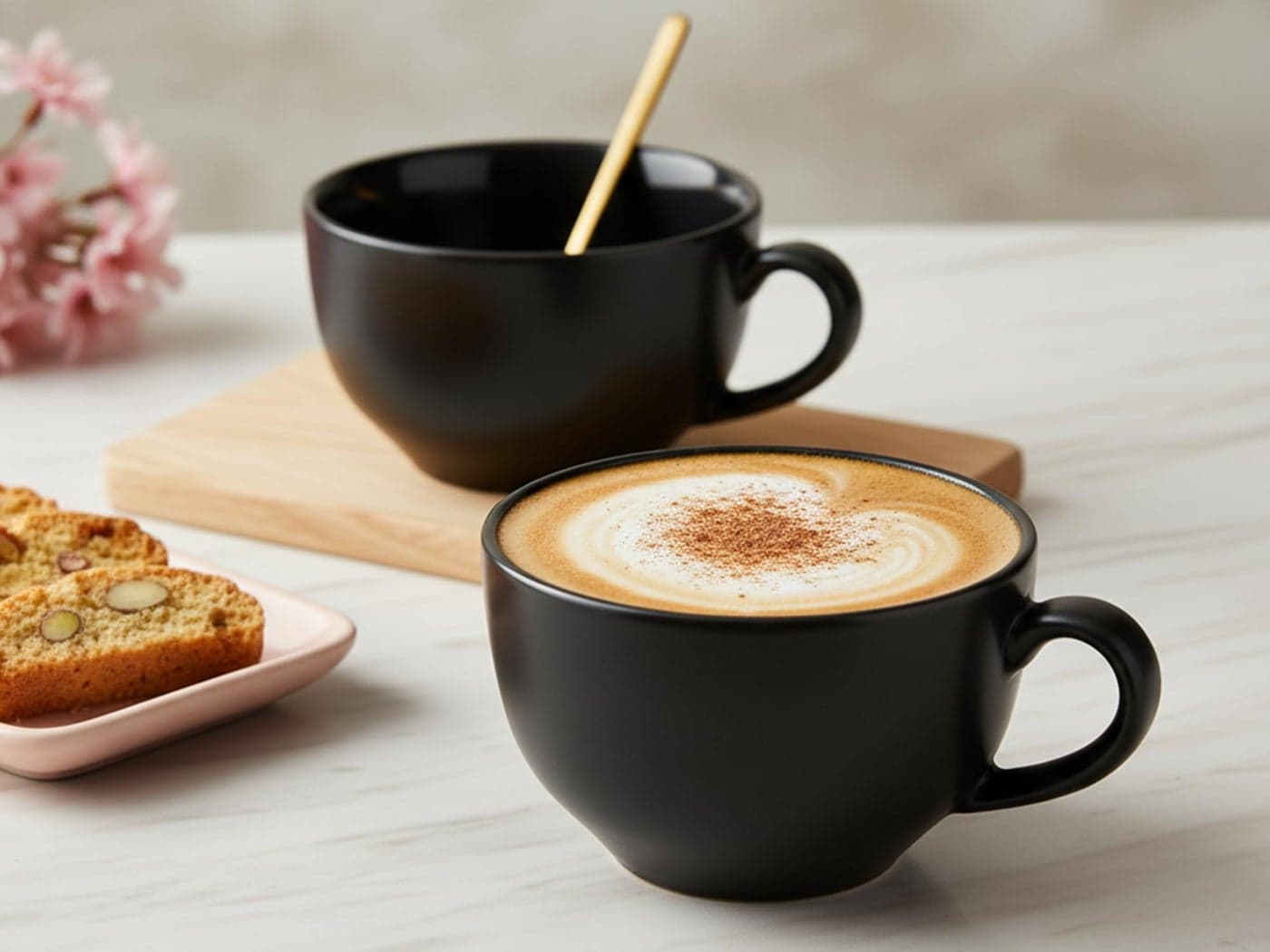 Bodhi House Ceramic Coffee Wide Large Mug with Handle - Set of 2, 350Ml Matte Finish | Bone Ash Free and Microwave Safe | for Cappuccino, Latte, Green Tea - Black