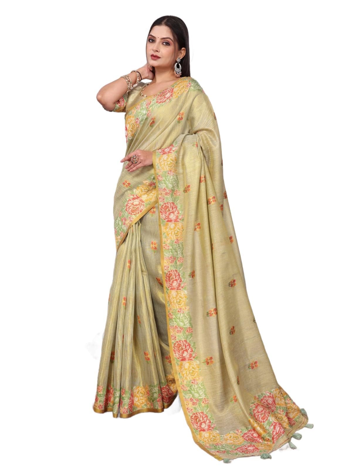 SWORNOF Gold-Toned Woven Design Silk Zari Tissue Saree | Saree for Women | Soft and Skin Friendly (CREAM)