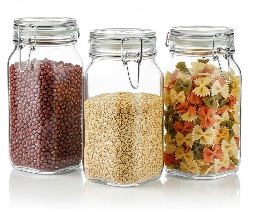 STAR WORK 1.5 Liters Mason Glass Jars With Buckle Lids Airtight Kitchen Container Set- 1500 Ml, Pack Of 3 Bottles, Transparent