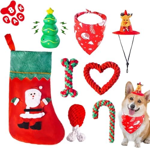 DARDOHIA Christmas Dog Toys for Small and Medium Dogs with Hat and Bandana Dog Christmas Stocking with Rope Toys and Squeaker Toys Christmas Puppy Chew Toys for Teething Bulk 8 Pack