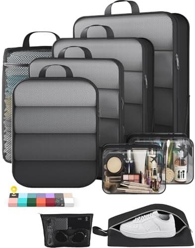 Veken 911 Set Compression Packing Cubes for Travel EssentialsCompressible Expandable Large Luggage Suitcase Organizer Bags for ClothingDurable Space Saver Storage Bags with Toiletry BagsBlack