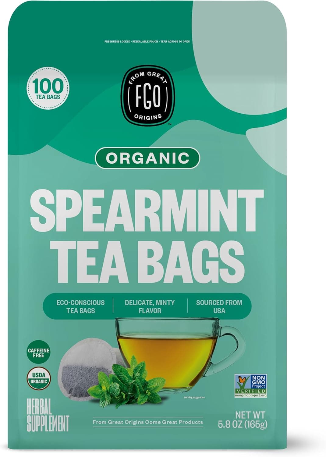 FGO Organic Spearmint Leaf Tea Bags - 100 Count, Caffeine Free, Eco-Conscious Packaging