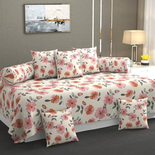 Slazie Cotton Diwan Set Covers |8 Pieces Diwan Cover Set|300 TC Fabric| Pure Cotton Printed Deewan Set (1 Single Bedsheet, 2 Bolster Covers, 5 Cushion Covers)|Orange Petals |SZDS 025