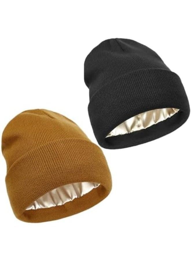 Winter Hat, 2PCS Satin Lined Beanie Hats for Women and Men, Soft and Warm Winter Hats for Women Men Slouchy Beanie Hat (Black, Camel)