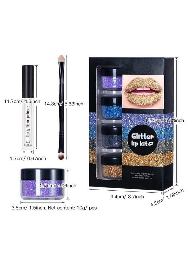 4 Colors Glitter Lip Kit, Shiny Diamond and Metallic Lip Glitter Makeup Lipstick Lip Gloss Glitter Lipstick, Waterproof & Long Lasting Lip makeup Powder Set for Lips Nails Art(Set B Cool Color)