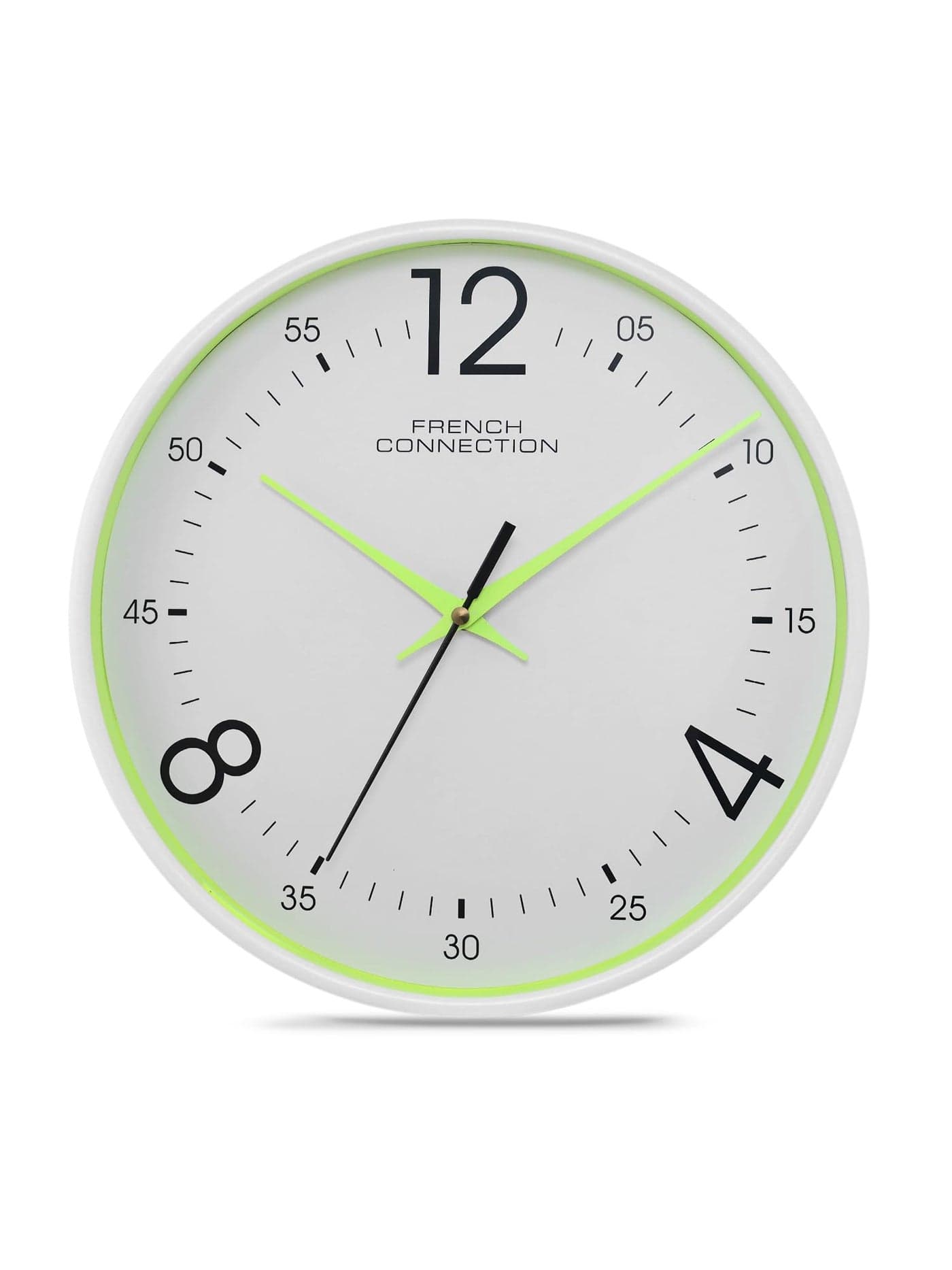 French Connection Plastic Elegant Decorative White Analog Wall Clock with Green Rim - Size 12 Inches - Fcwc04-B