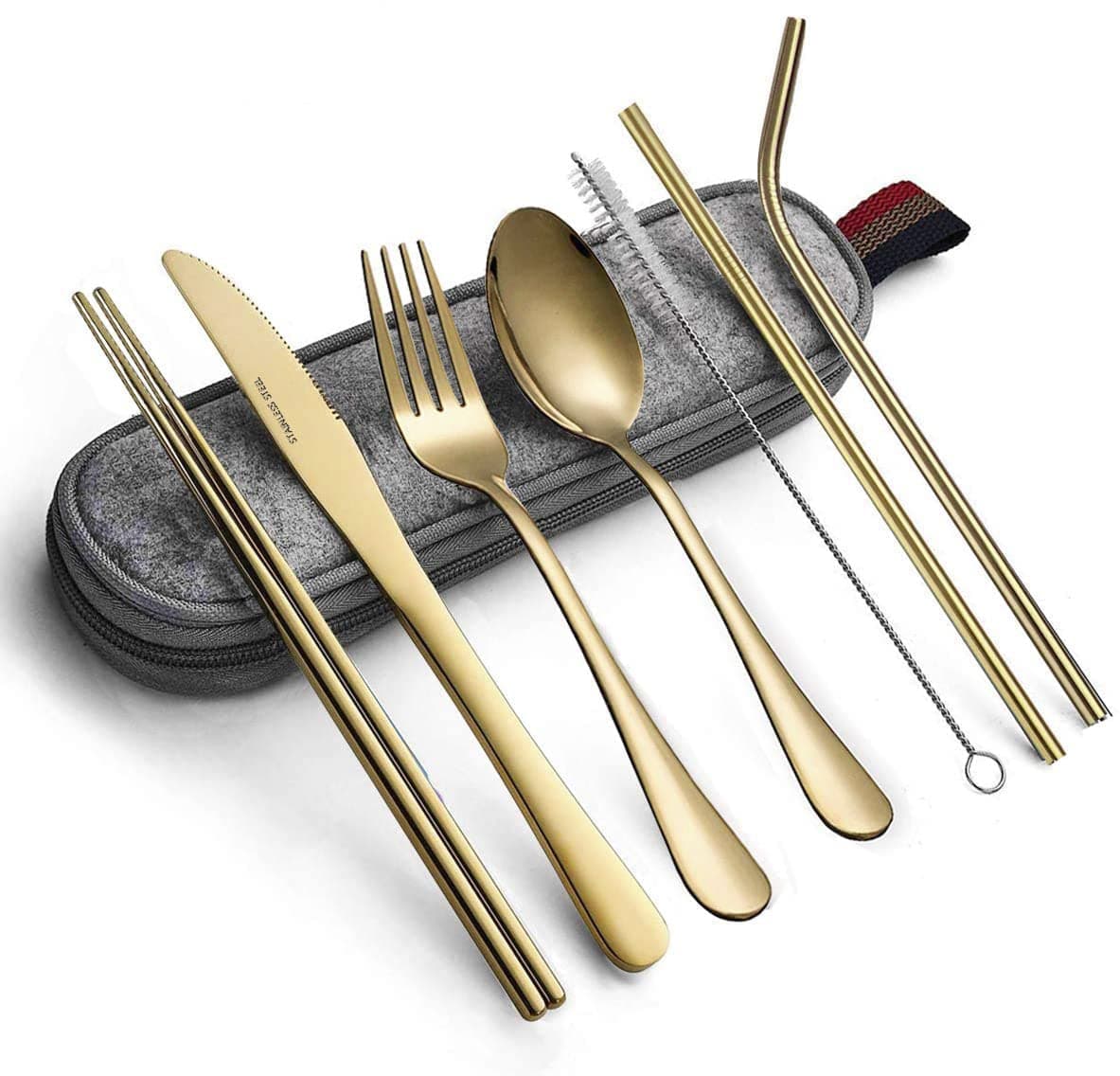 KITOME Portable Utensils Kit – 8-Piece Travel Cutlery Set with Case: Knife, Fork, Spoon, Chopsticks, Straws & Cleaning Brush – Reusable Stainless Steel Flatware for Camping & Office (Gold)