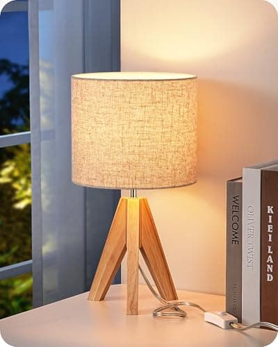 EDISHINE Small Table Lamp Boho Bedside Lamp with Linen Fabric Shade Wood Tripod Nightstand Lamp for Nursery Living Room Bedroom Narrow End Table UL Listed 142 Inch ONOff Switch