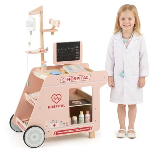 HONEY JOY Wooden Doctor Kit for Toddlers Pretend Play Kids Hospital Doctor Playset wCart CT Machine Mobile Medical Station Dentist Vet Clinic Interactive Accessories Gift for Boys Girls Pink