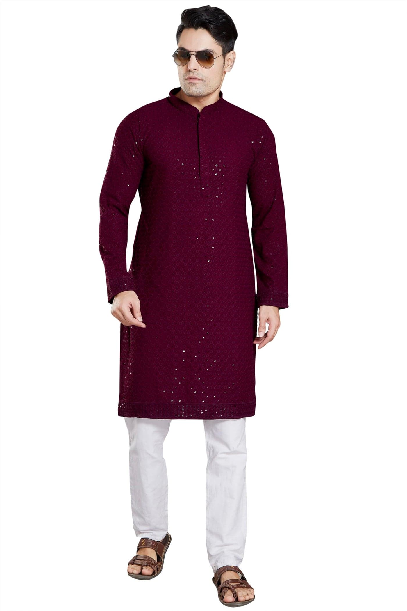 DIVISIVE Men's Sequince Embroidered Cotton Blend Slim Fit Kurta Pyjama Set (DKRT34_L_Burgundy)