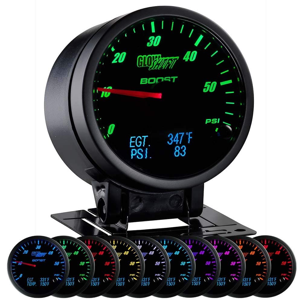 GlowShift 3-in-1 Analog 60 PSI Boost Gauge Kit with Digital EGT & Pressure Readings - 10 Selectable LED Colors