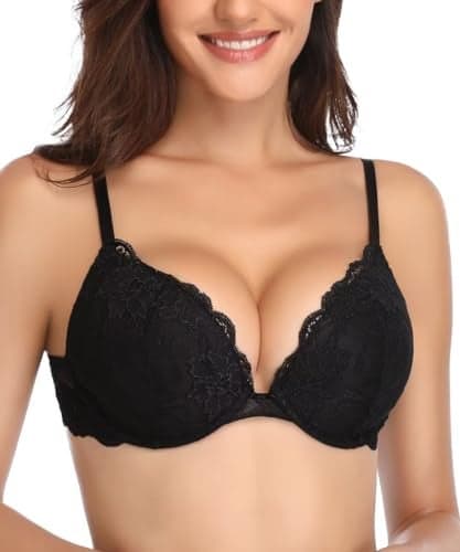 Deyllo Women’s Push Up Lace Bra Comfort Padded Underwire Bra Lift Up Add One Cup(Black,38B